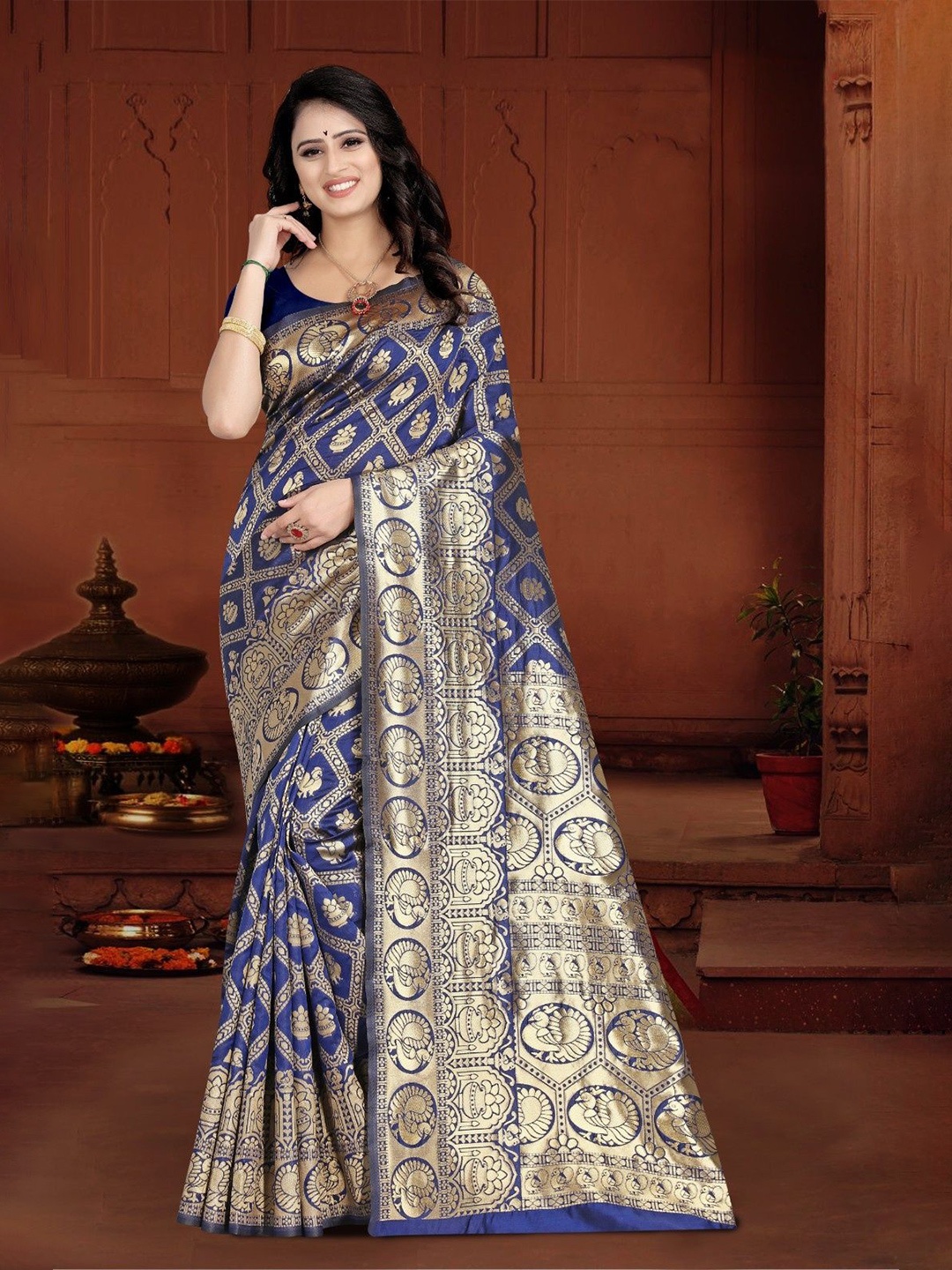 

KALINI Woven Design Zari Silk Blend Kanjeevaram Saree, Navy blue