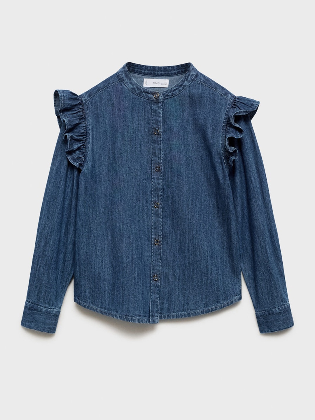 

Mango Kids Girls Ruffled Pure Cotton Denim Shirt, Navy blue