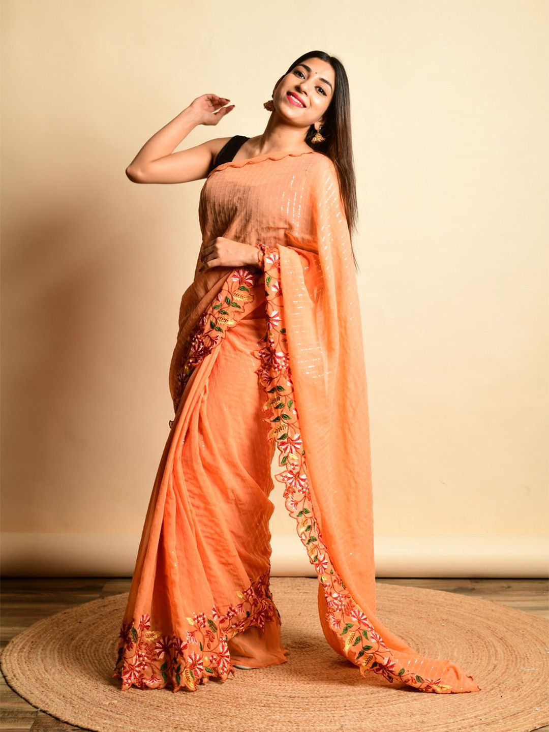 

Anouk Embellished Sequinned Poly Georgette Saree, Orange