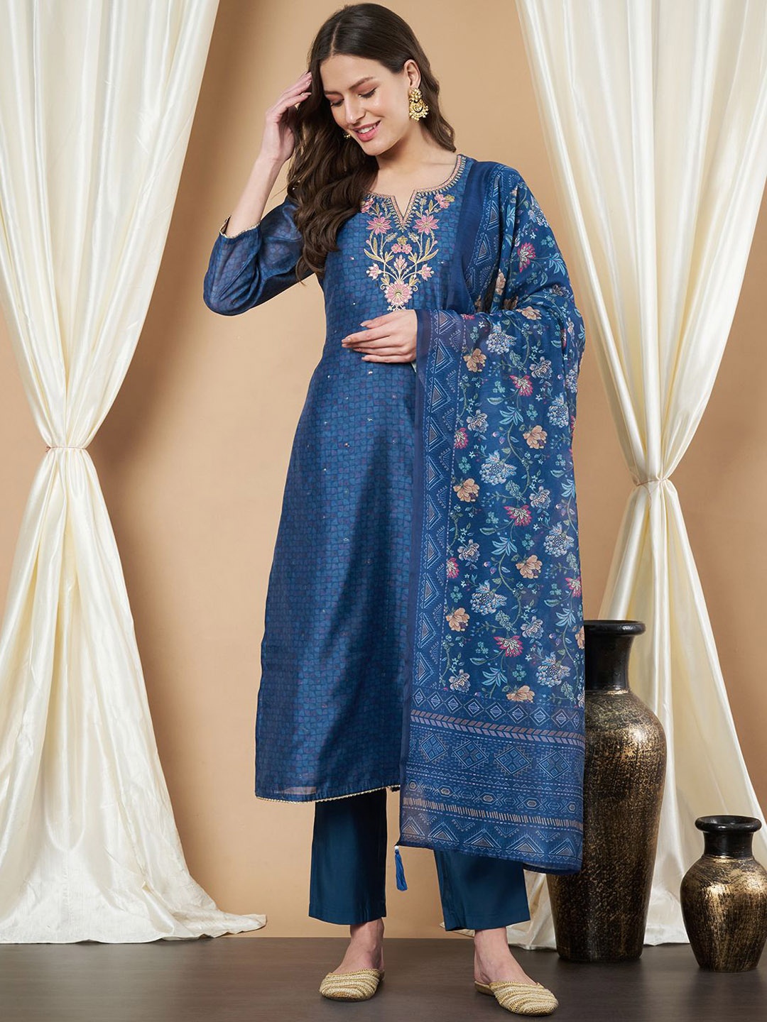 

Label Khoj Women Ethnic Motifs Embroidered Regular Thread Work Chanderi Cotton Kurta with Trousers & With, Blue