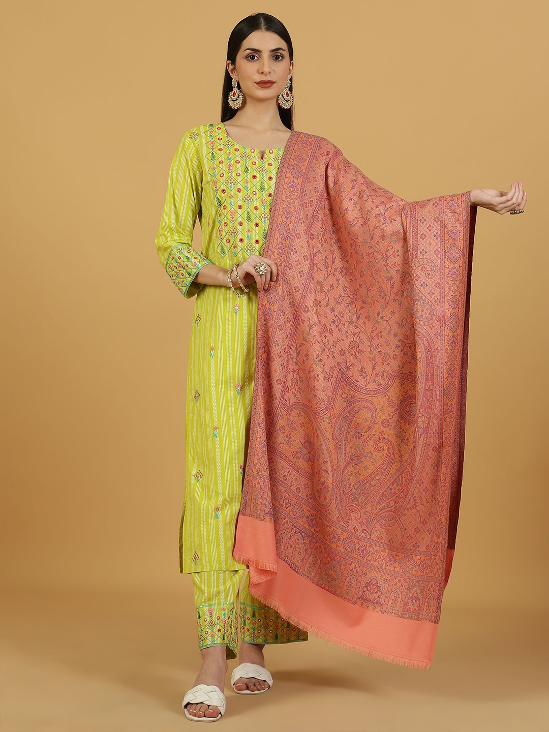 

La Vastraa Floral Woven Design Shawl, Orange