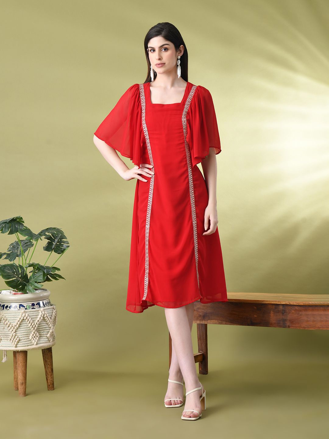 

Sangria Square Neck Short Sleeve A-Line Dress, Red