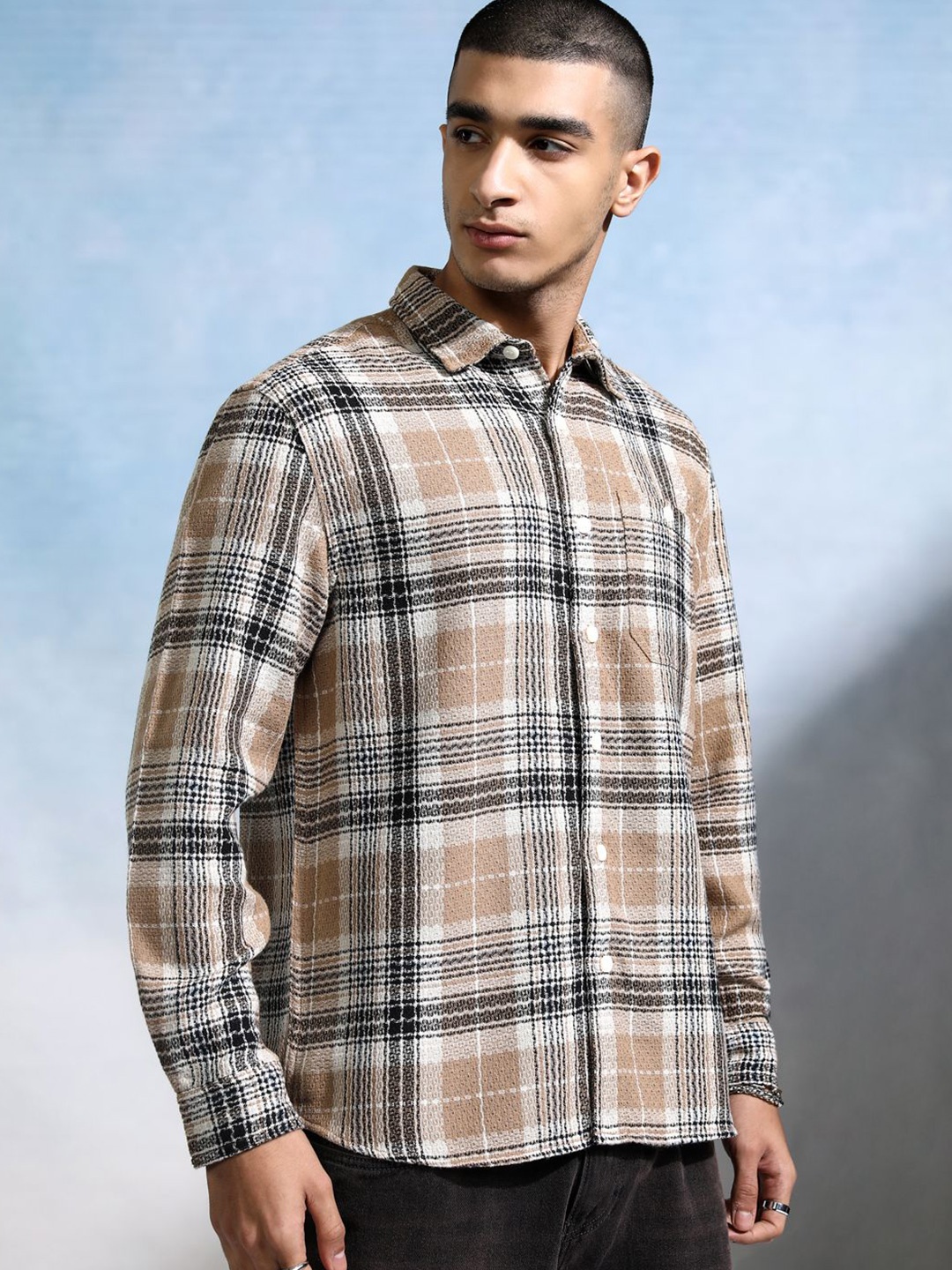 

HIGHLANDER Men Opaque Checked Casual Shirt, Khaki