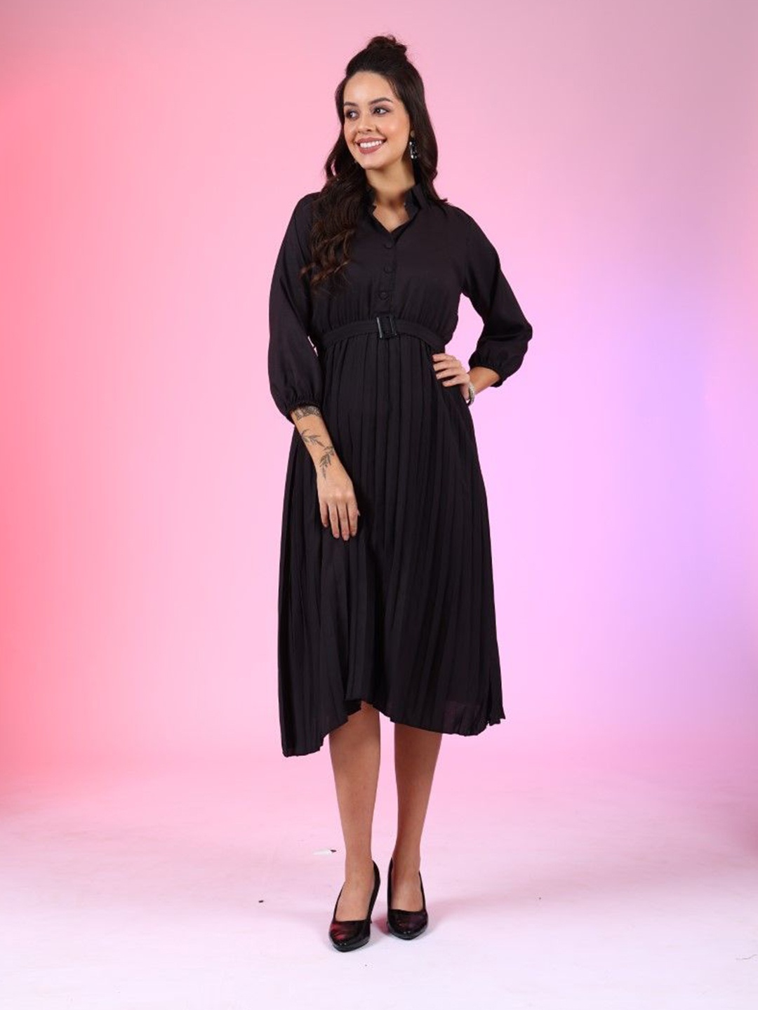 

Femvy Crepe Fit & Flare Dress, Black