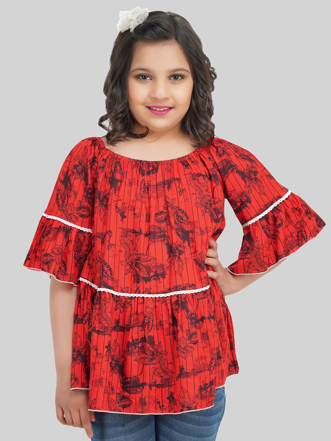 

BEING NAUGHTY Girls Floral Printed Bell Sleeve A-Line Top, Red