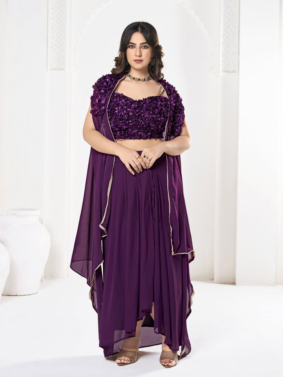 

KALINI Embroidered Thread Work Semi-Stitched Lehenga & Unstitched Blouse With Dupatta, Purple