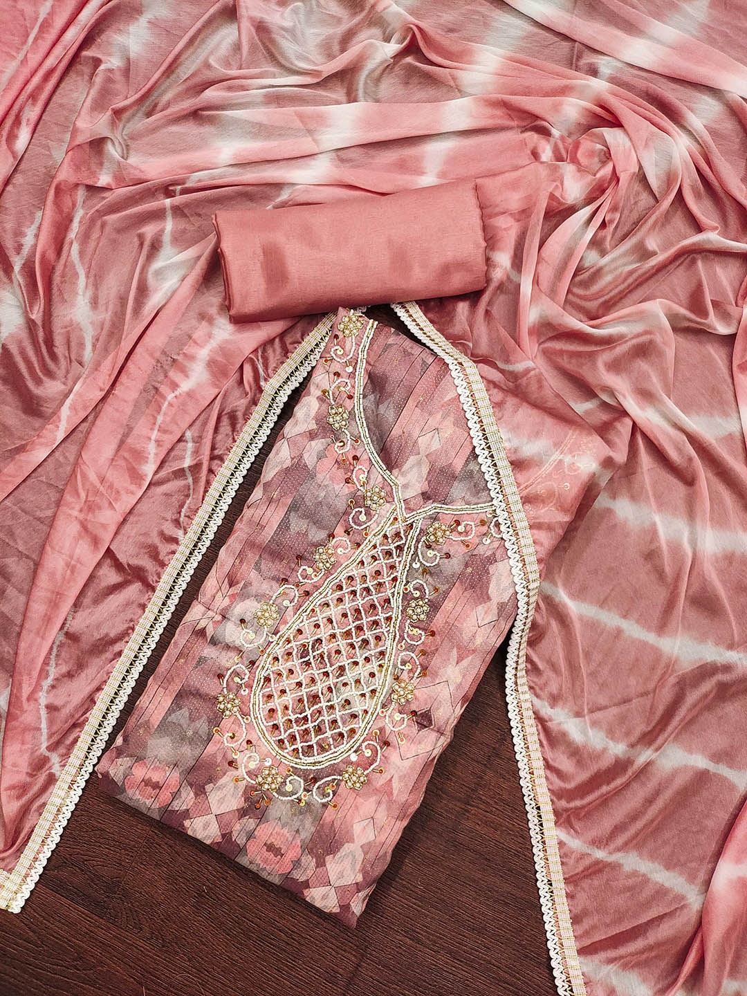 

Maroosh Embellished Unstitched Dress Material, Peach