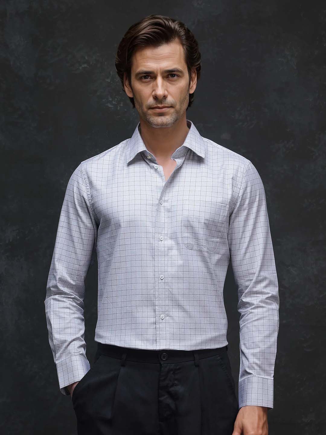 

RARE RABBIT Men Comfort Spread Collar Micro Checked Cotton Formal Shirt, Grey