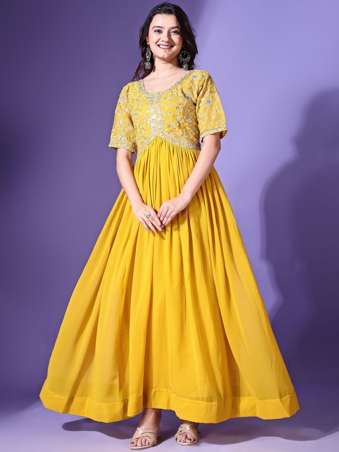 

YOYO Fashion Women Floral Embroidered Maxi Ethnic Dress, Yellow