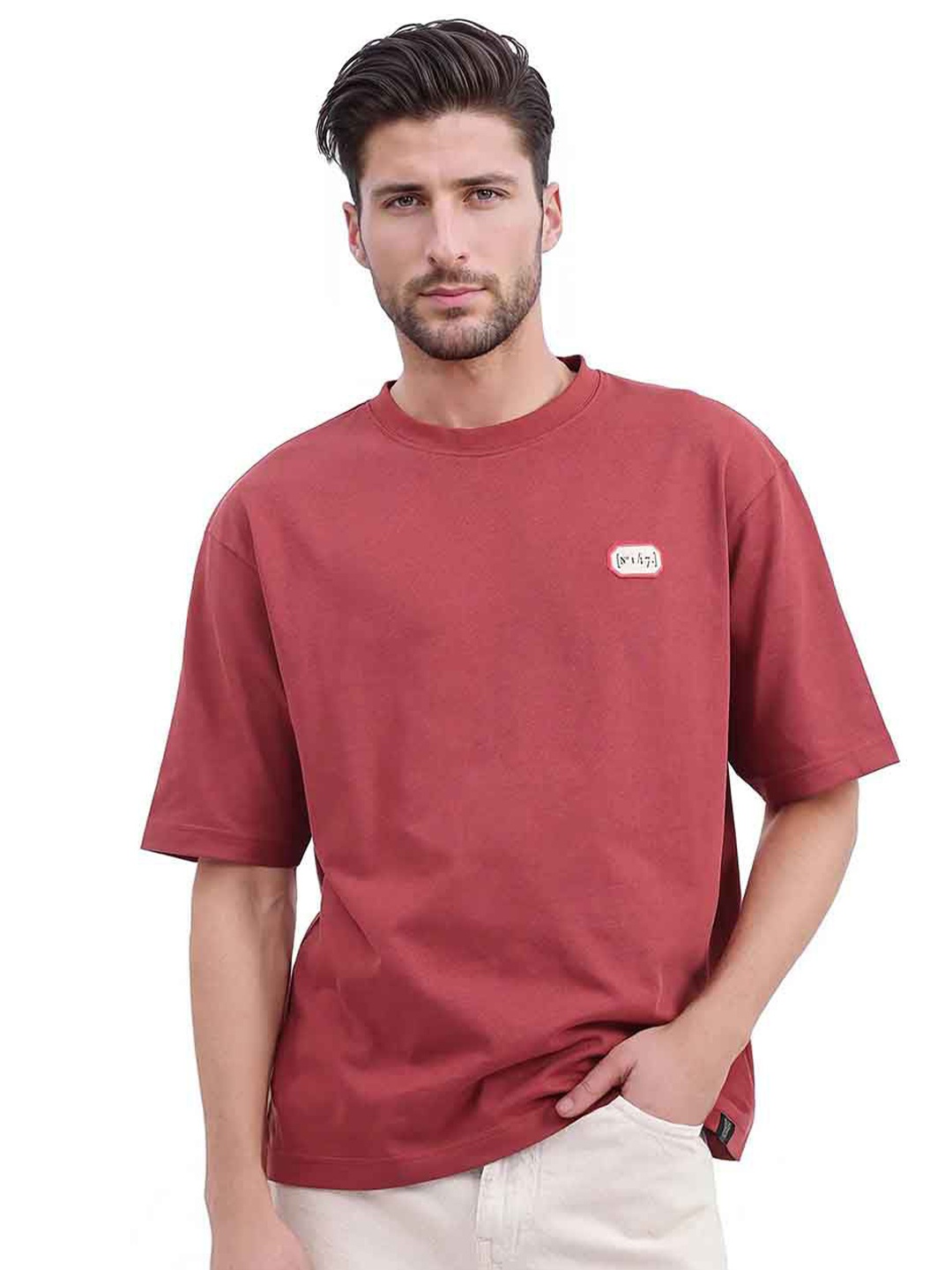 

RARE RABBIT Men Printed Applique Boxy T-shirt, Red