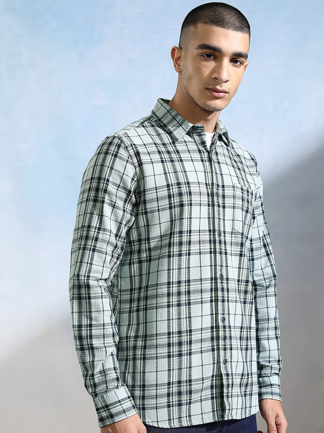 

HIGHLANDER Men Slim Fit Opaque Checked Casual Shirt, Sea green