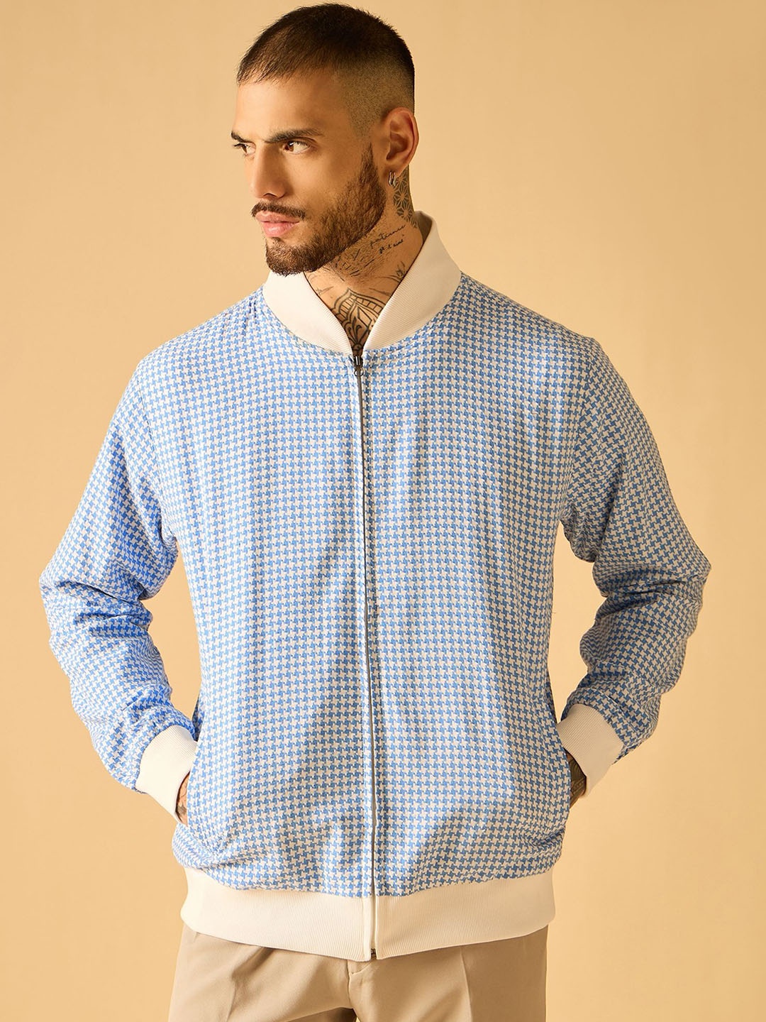 

AKS Men Checked Bomber Jacket, Blue