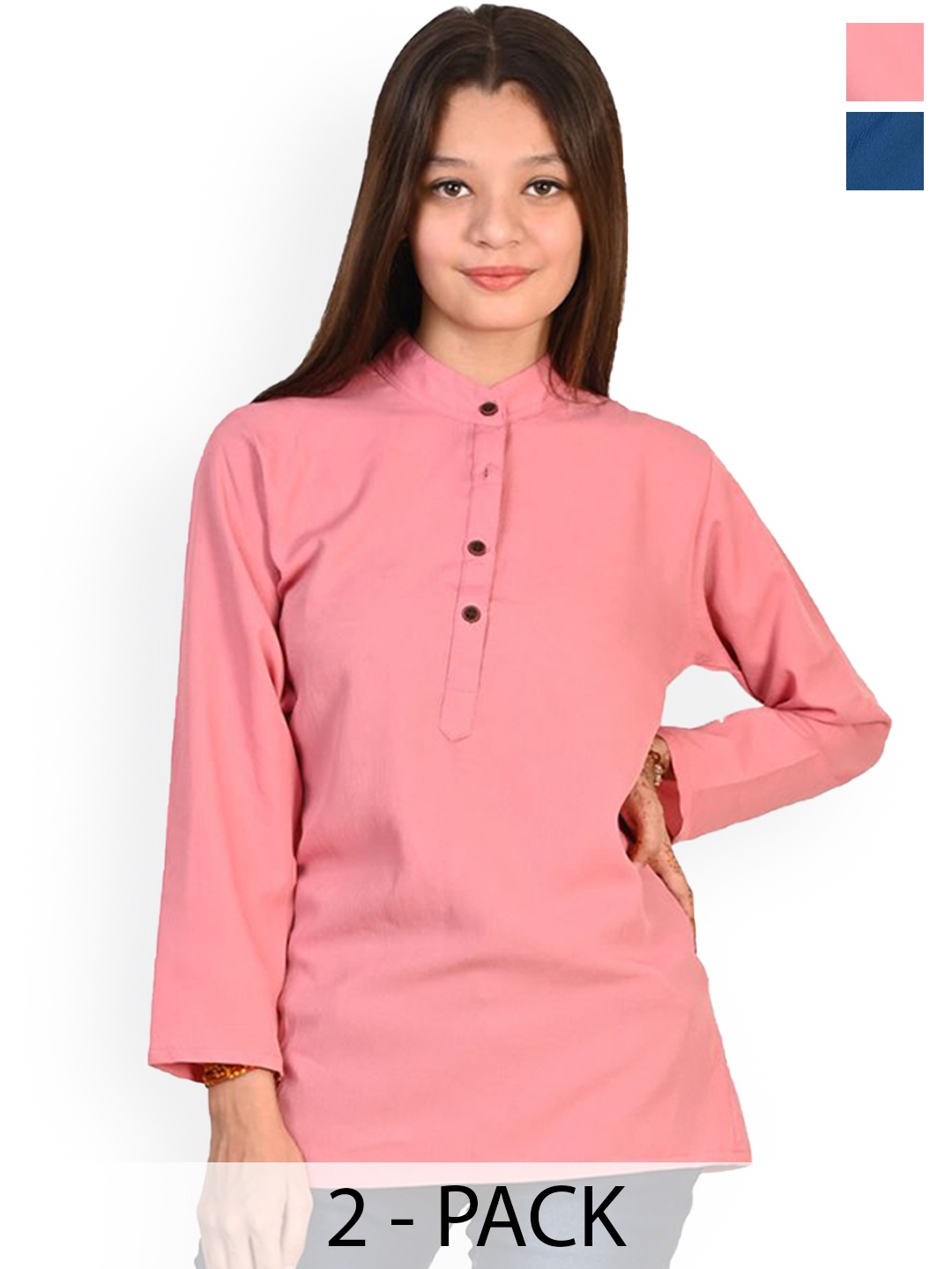 

BAESD Girls Pack of 2 Band Collar Long Sleeves Straight Kurta, Pink