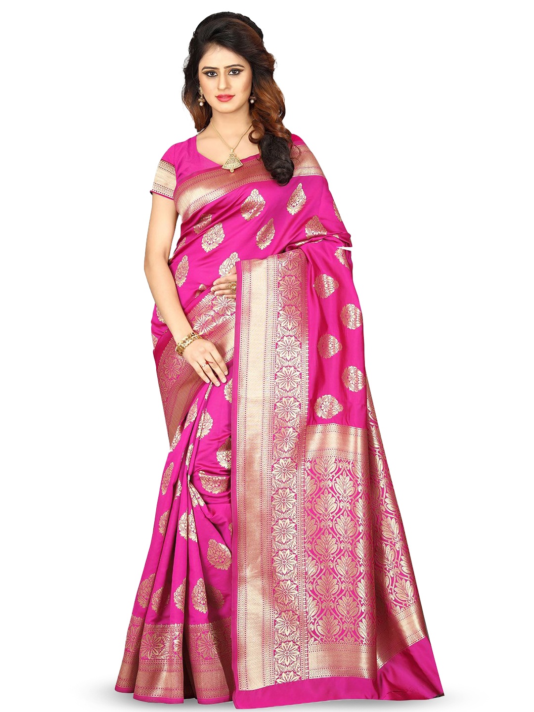 

KALINI Woven Design Zari Silk Blend Designer Kanjeevaram Saree, Pink