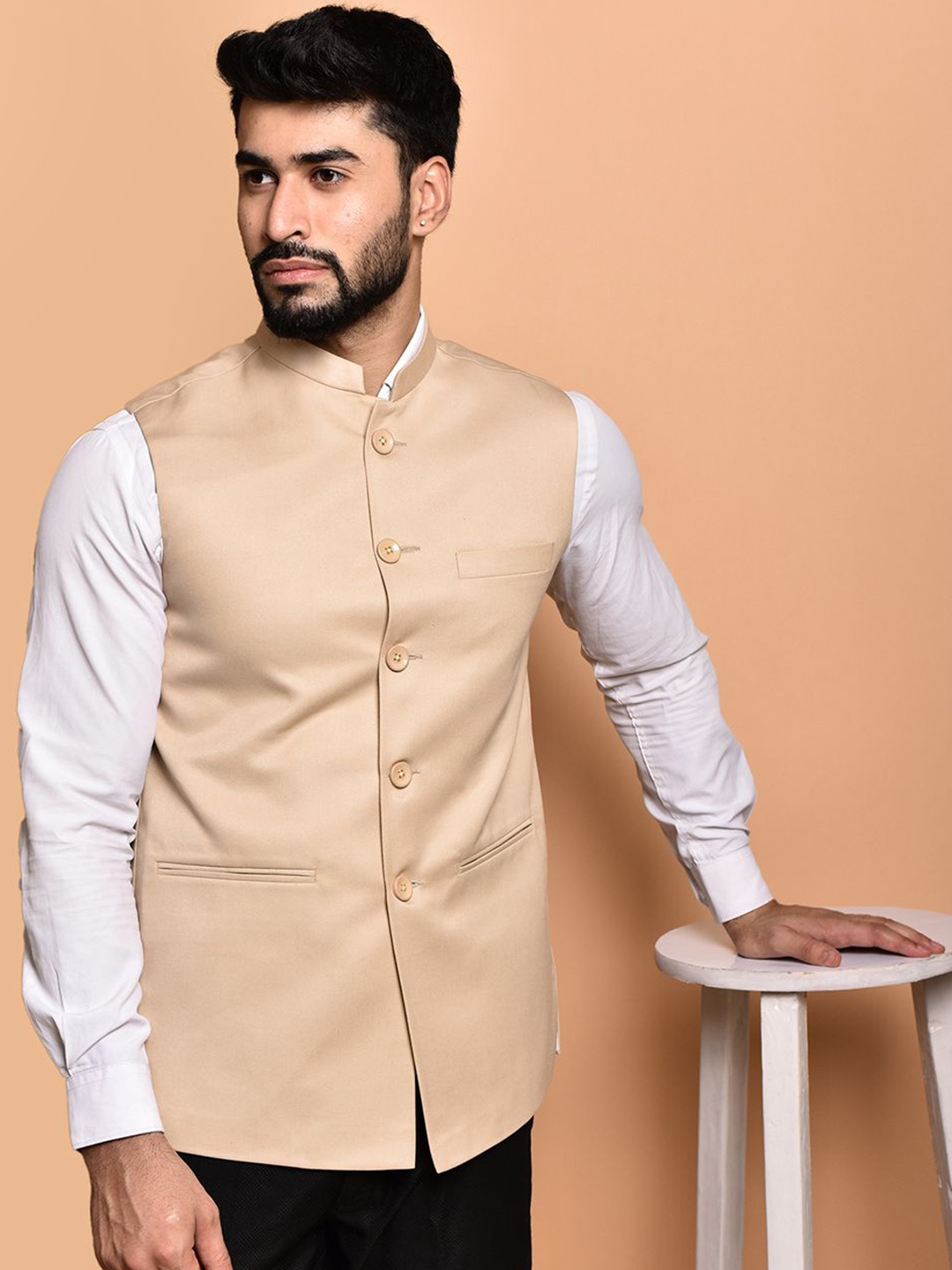 

PRINTINDIA Men Mandarin Collar Nehru Jackets, Beige