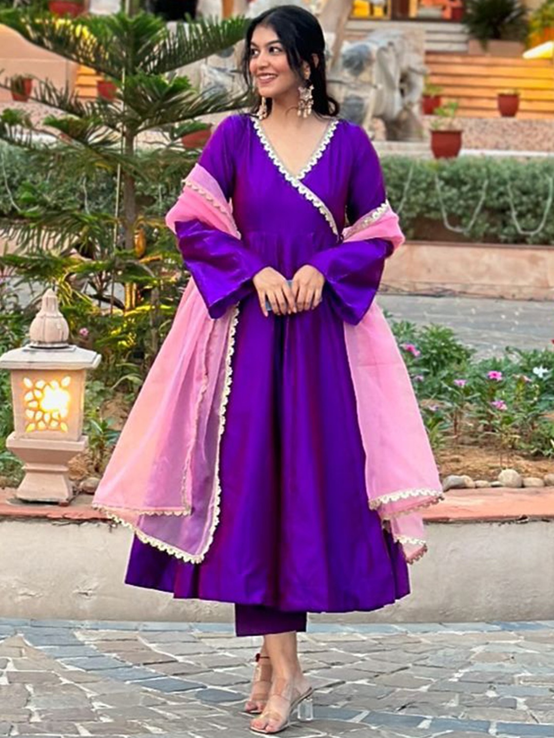 

GoSriKi Women Angrakha Kurta with Trousers & With Dupatta, Purple
