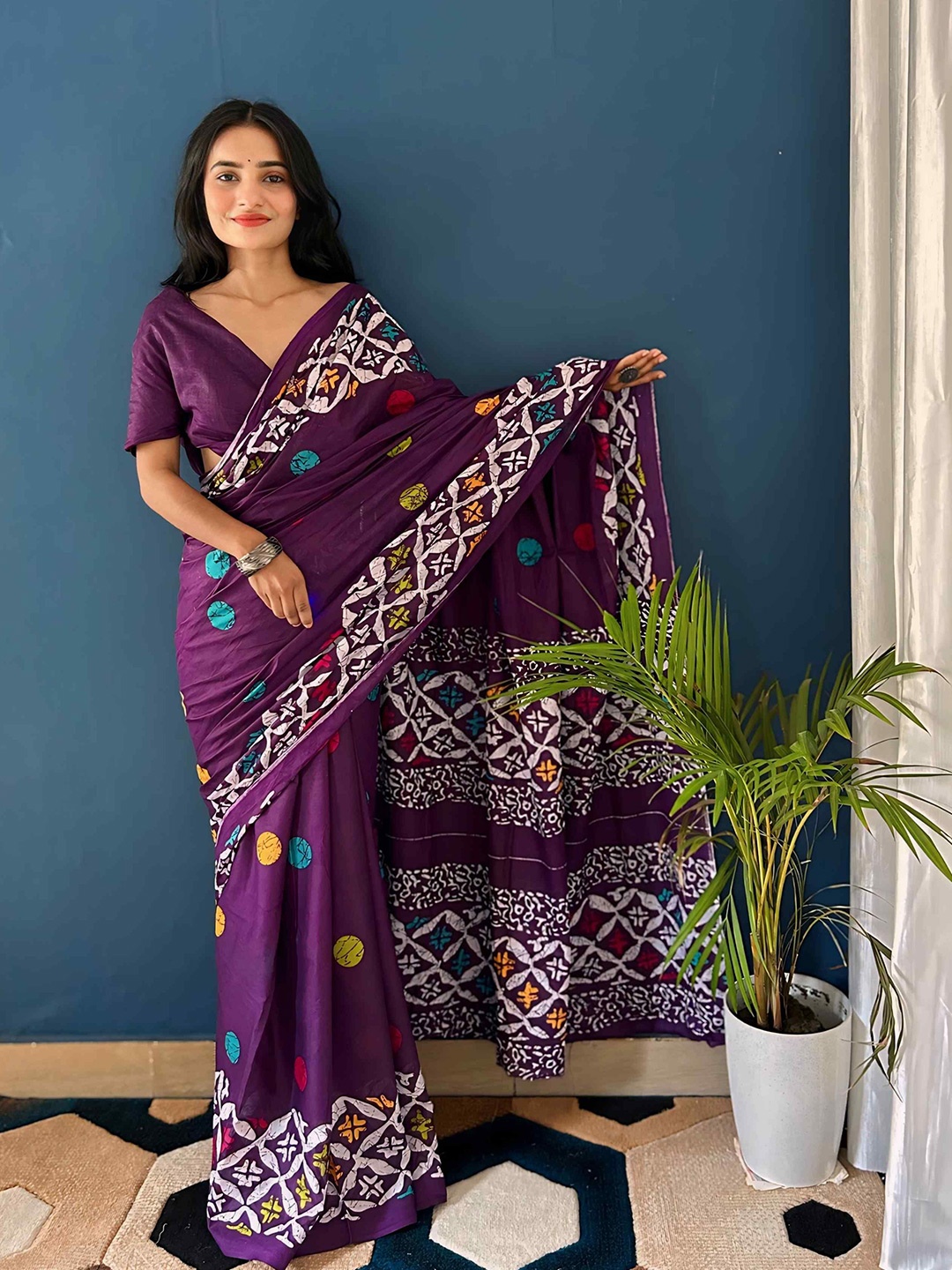 

HERE&NOW Abstract Printed Pure Cotton Bagru Saree, Purple