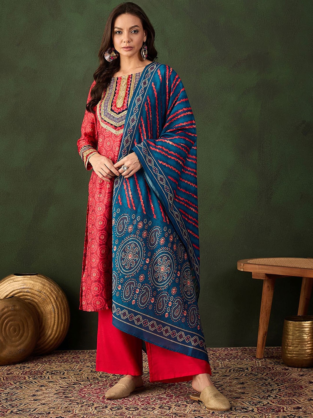 

Sangria Embroidered Kurta & Palazzo With Dupatta, Red