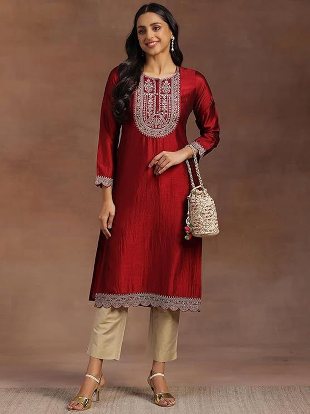 

RARE THREAD Ethnic Motifs Zari Embroidered Straight Cotton Silk Kurta, Maroon