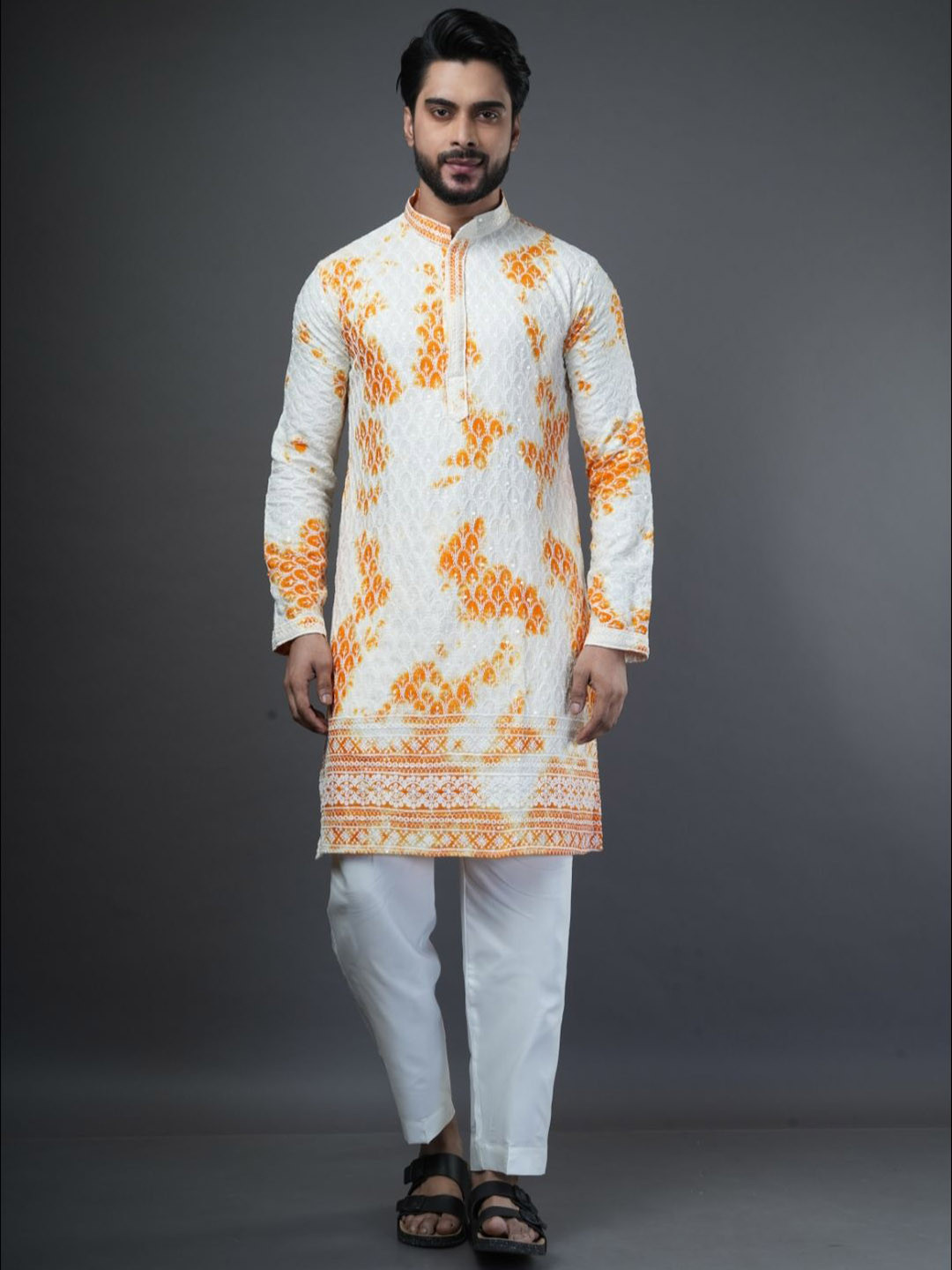 

ARYA Men Ethnic Motifs Printed Regular Thread Work Kurta with Trousers, Yellow