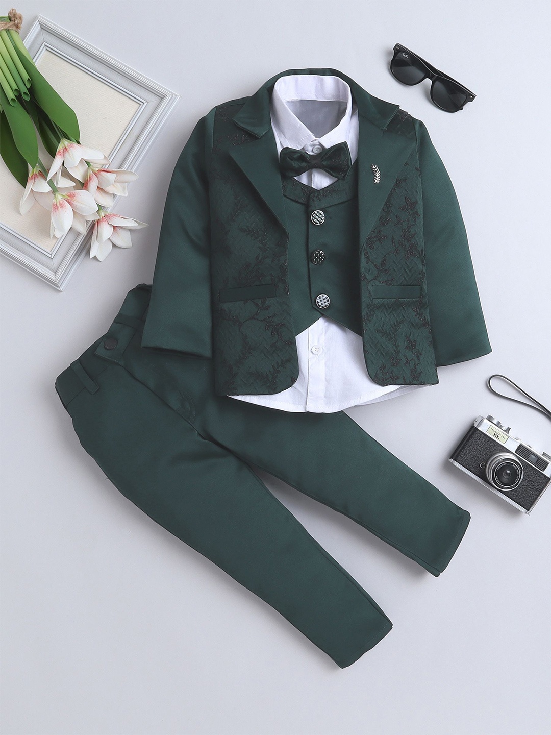 

FOURFOLDS Boys Embroidered Single-Breasted Four-Piece Suit, Green