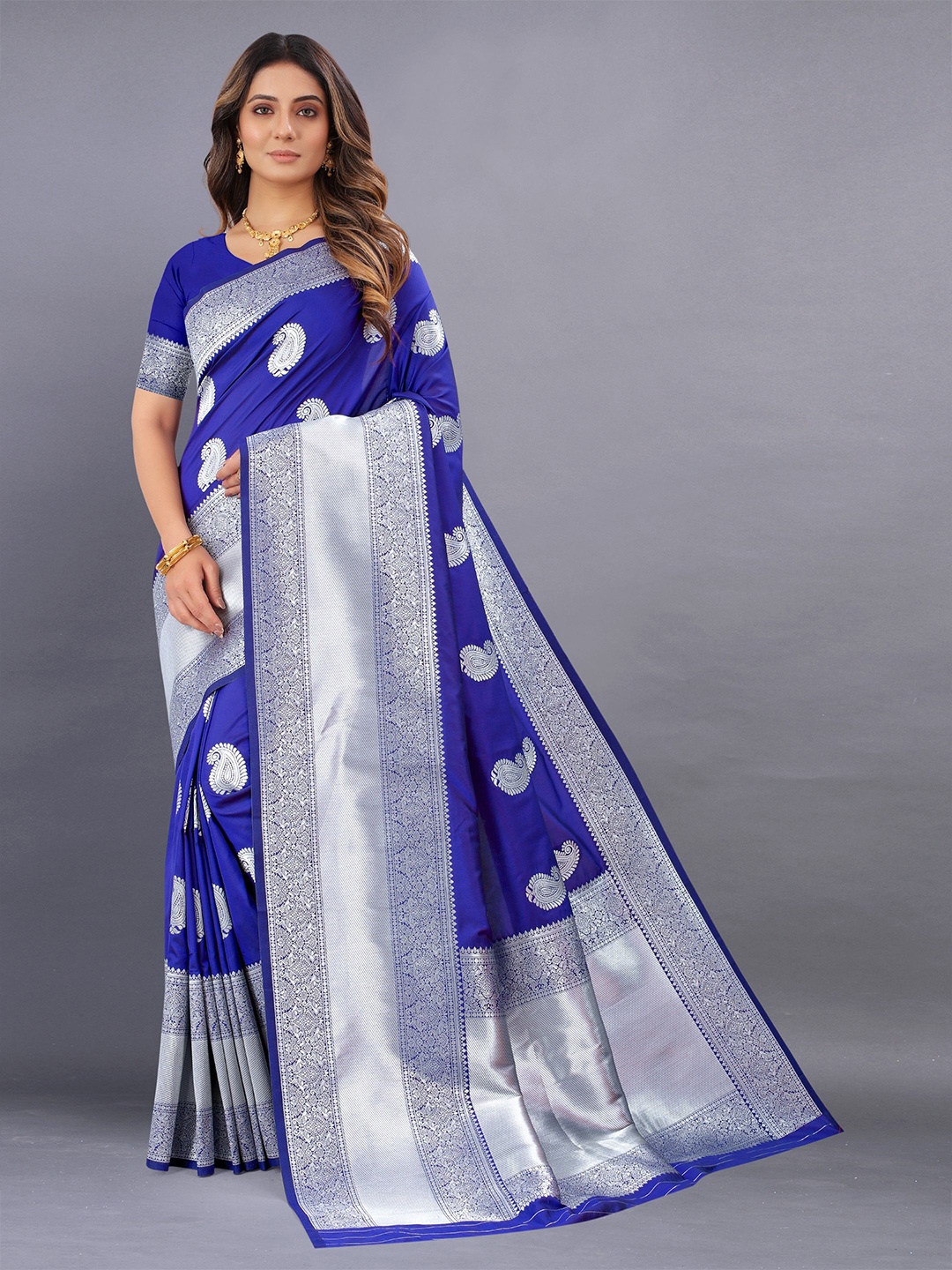 

Anaita Woven Design Zari Silk Blend Designer Banarasi Saree, Blue