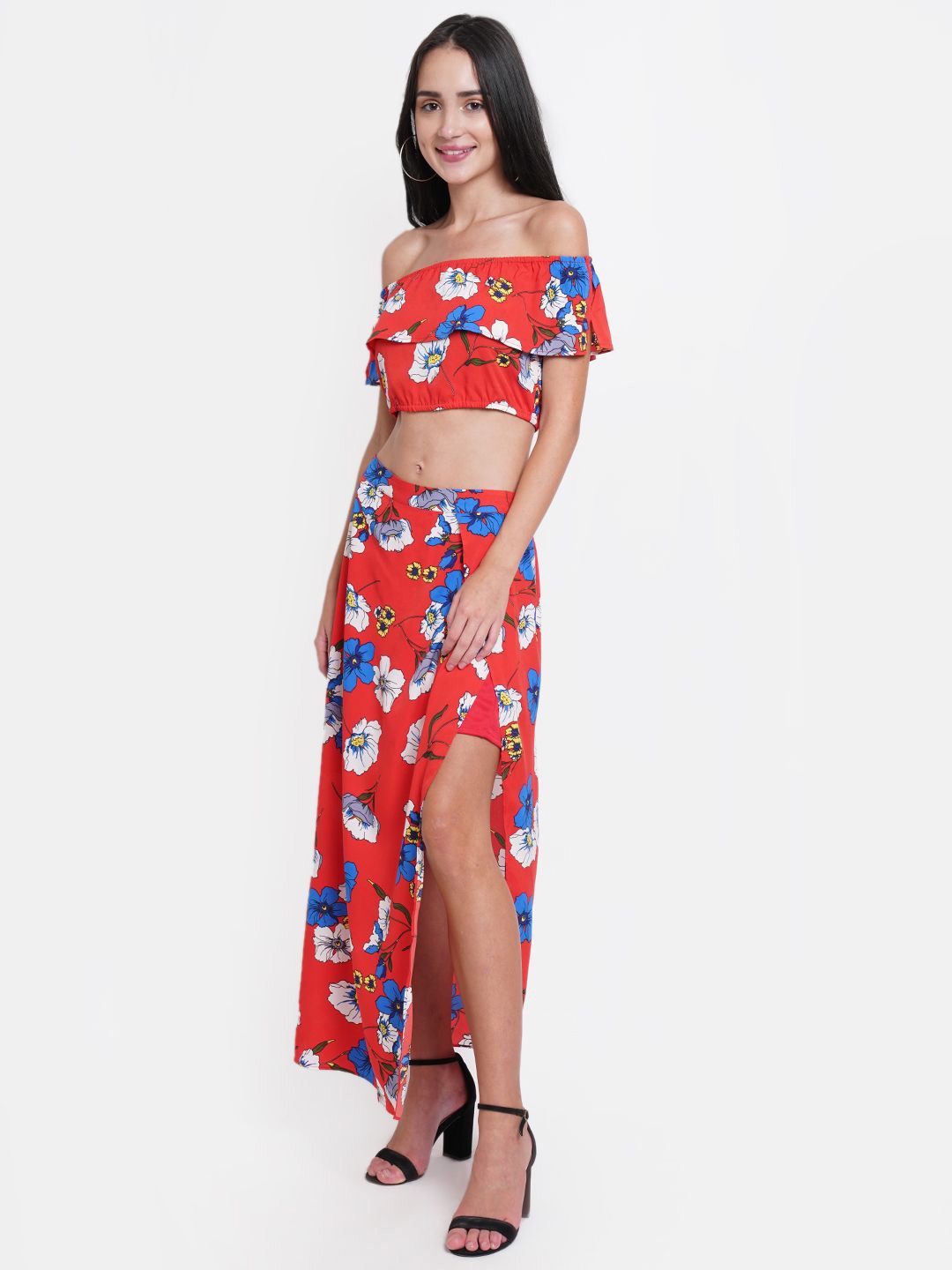 

DODO & MOA Floral Print Off-Shoulder Georgette Maxi Dress, Red