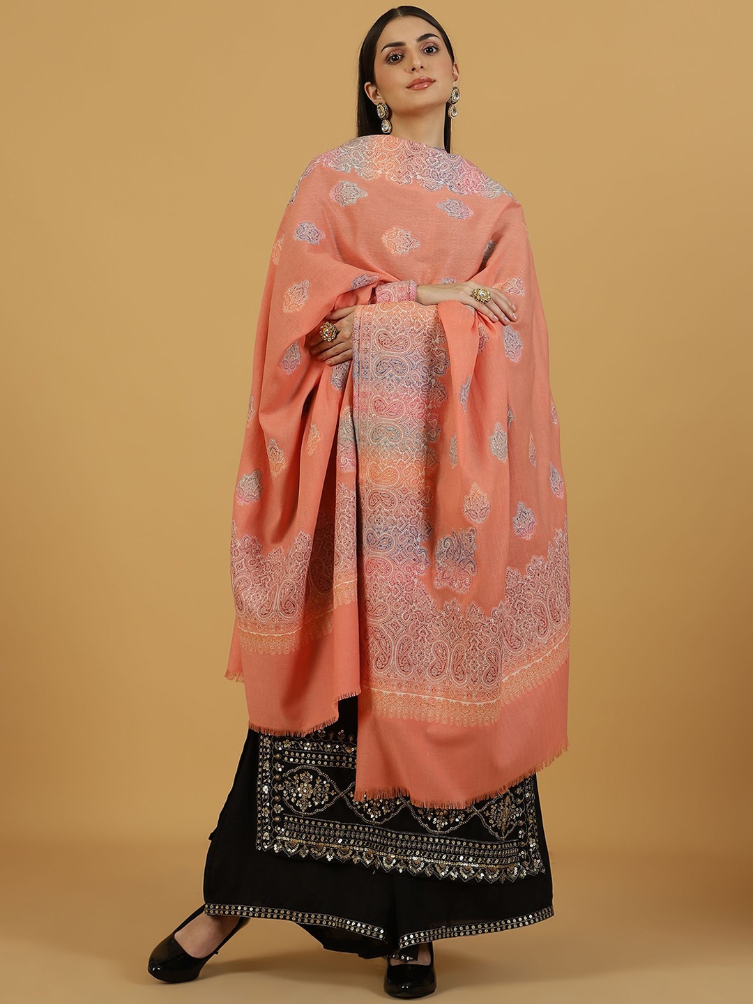 

La Vastraa Women Ethnic Motifs Woven Design Shawl, Peach