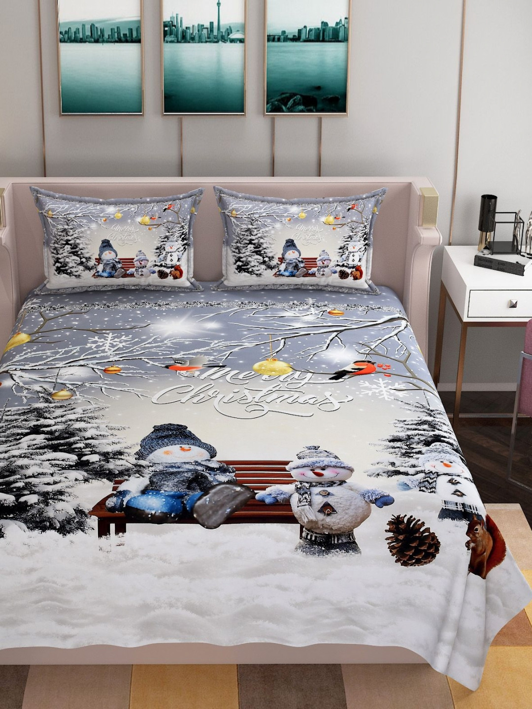 

BELVOSTUM Grey Melange & Blue Cartoon Characters 250 TC King Bedsheet with 2 Pillow Covers