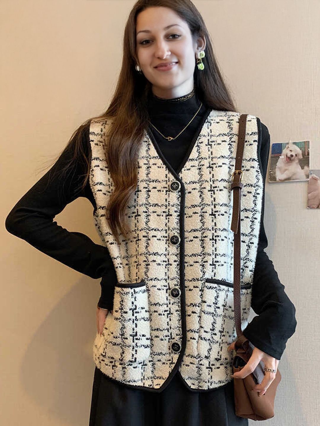 

StyleCast Women Checked Woollen Crop Tailored Jacket, White