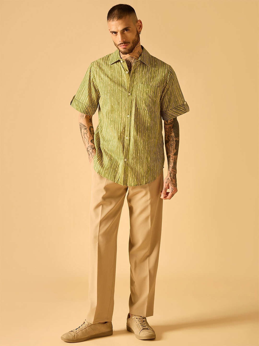 

AKS Men Standard Semi Sheer Striped Casual Shirt, Green
