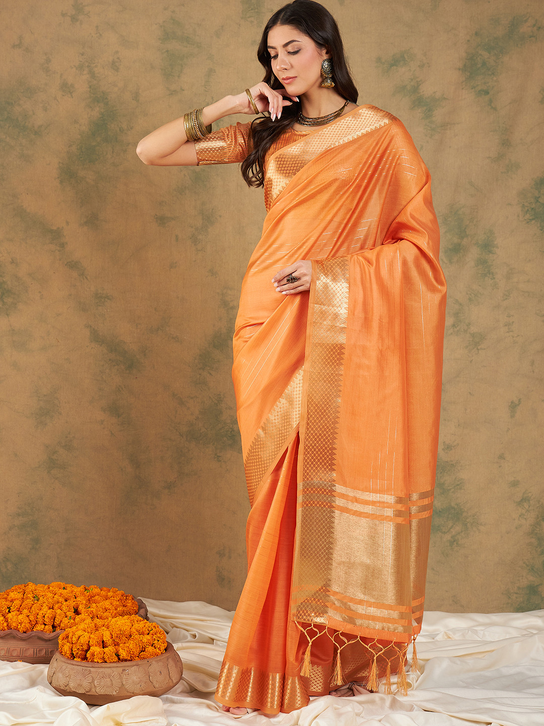 

A.V.M Prints Woven Design Saree With Blouse Piece, Orange