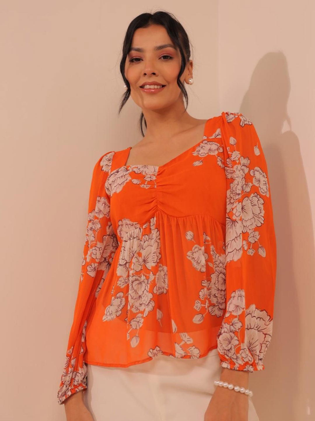

Komarri U Floral Print Sweetheart Neck Puff Sleeve Crepe Top, Orange