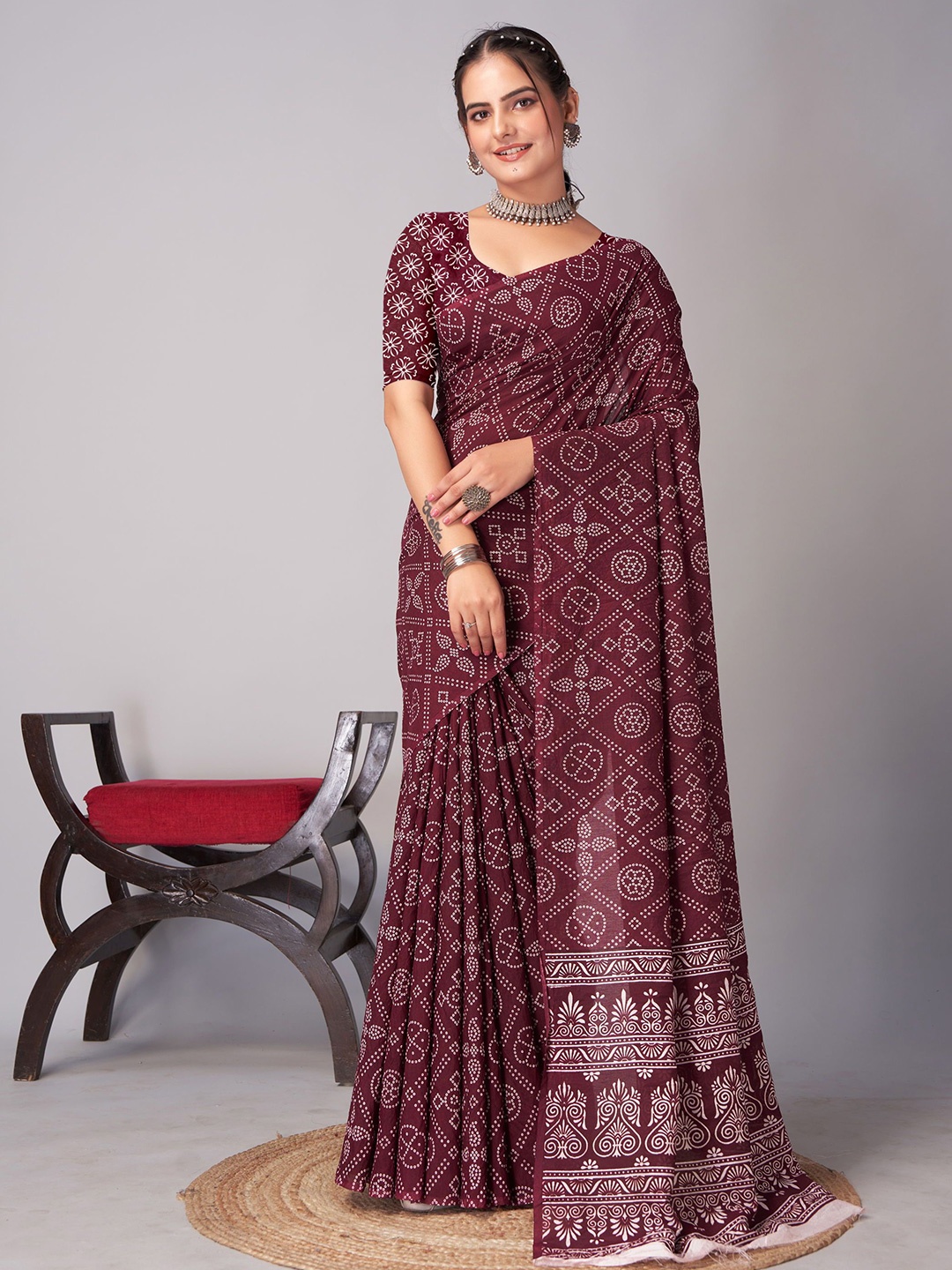 

KAYOMMI Ajrak Block Pure Cotton Saree, Brown