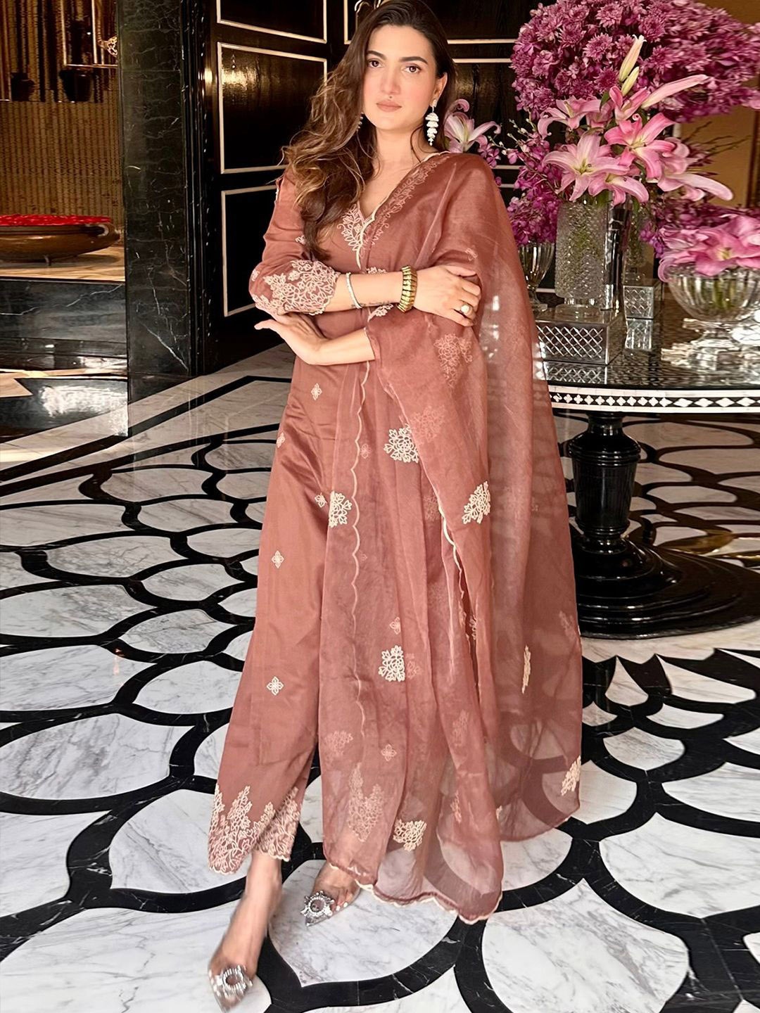 

Royal Export Floral Embroidered Regular Thread Work Straight Kurta with Palazzos & Dupatta, Brown