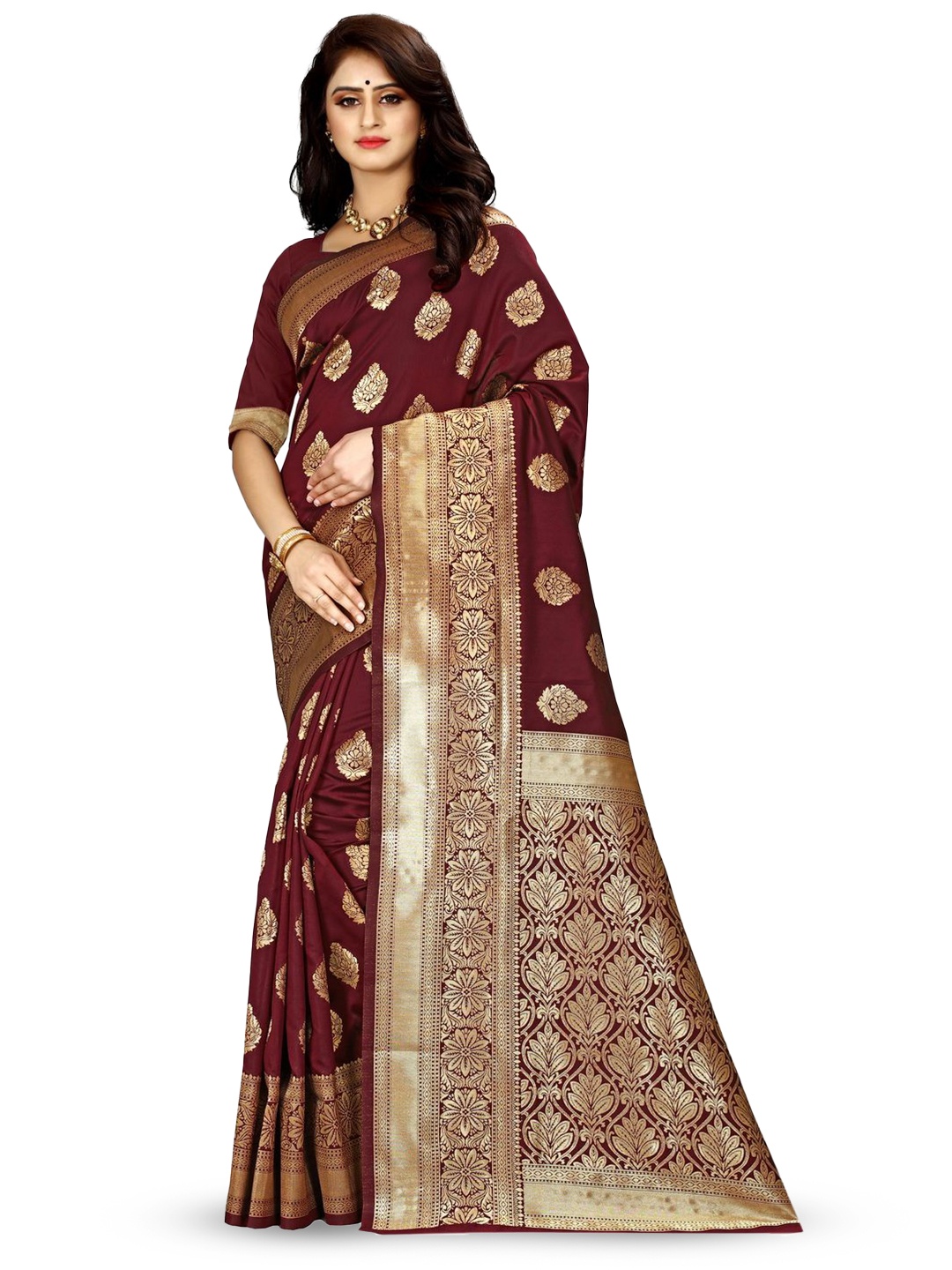 

KALINI Woven Design Zari Silk Blend Kanjeevaram Saree, Maroon