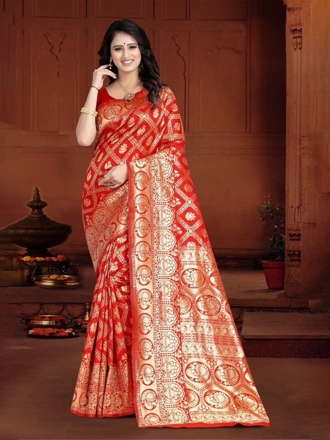 

KALINI Woven Design Silk Blend Designer Kanjeevaram Saree, Red
