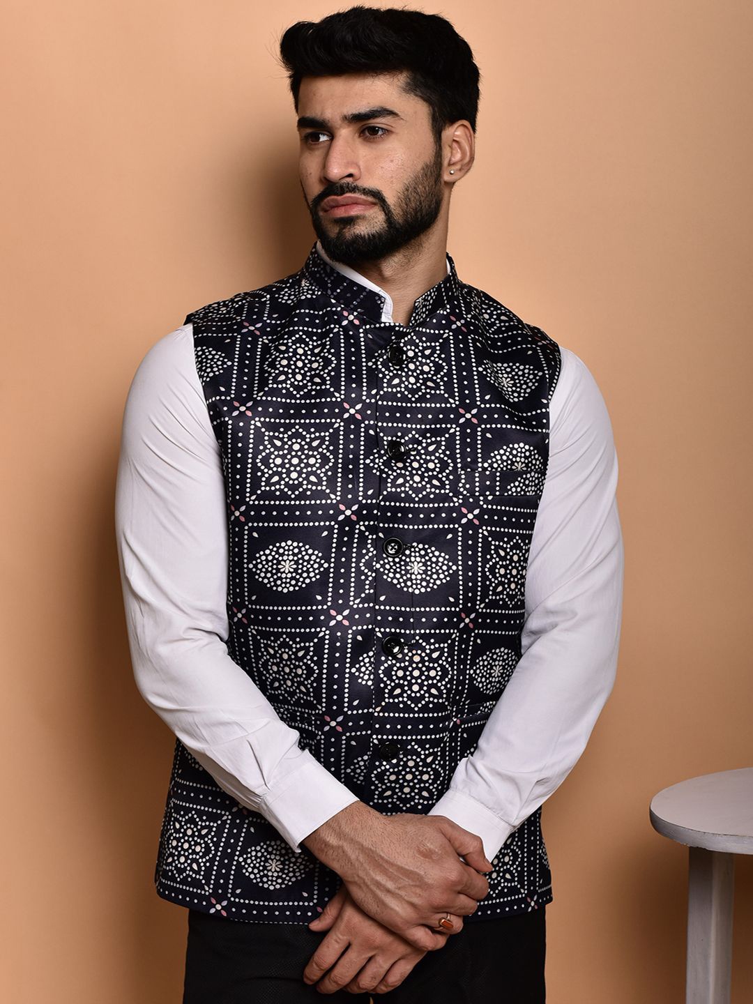 

PRINTINDIA Men Printed Mandarin Collar Nehru Jacket, Navy blue