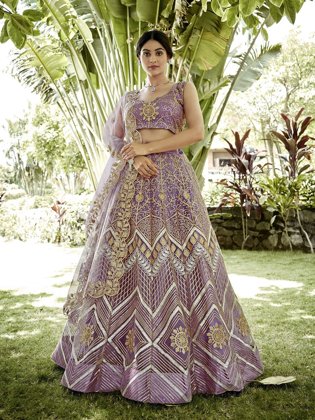 

KALINI Embroidered Thread Work Semi-Stitched Lehenga & Unstitched Blouse With Dupatta, Purple