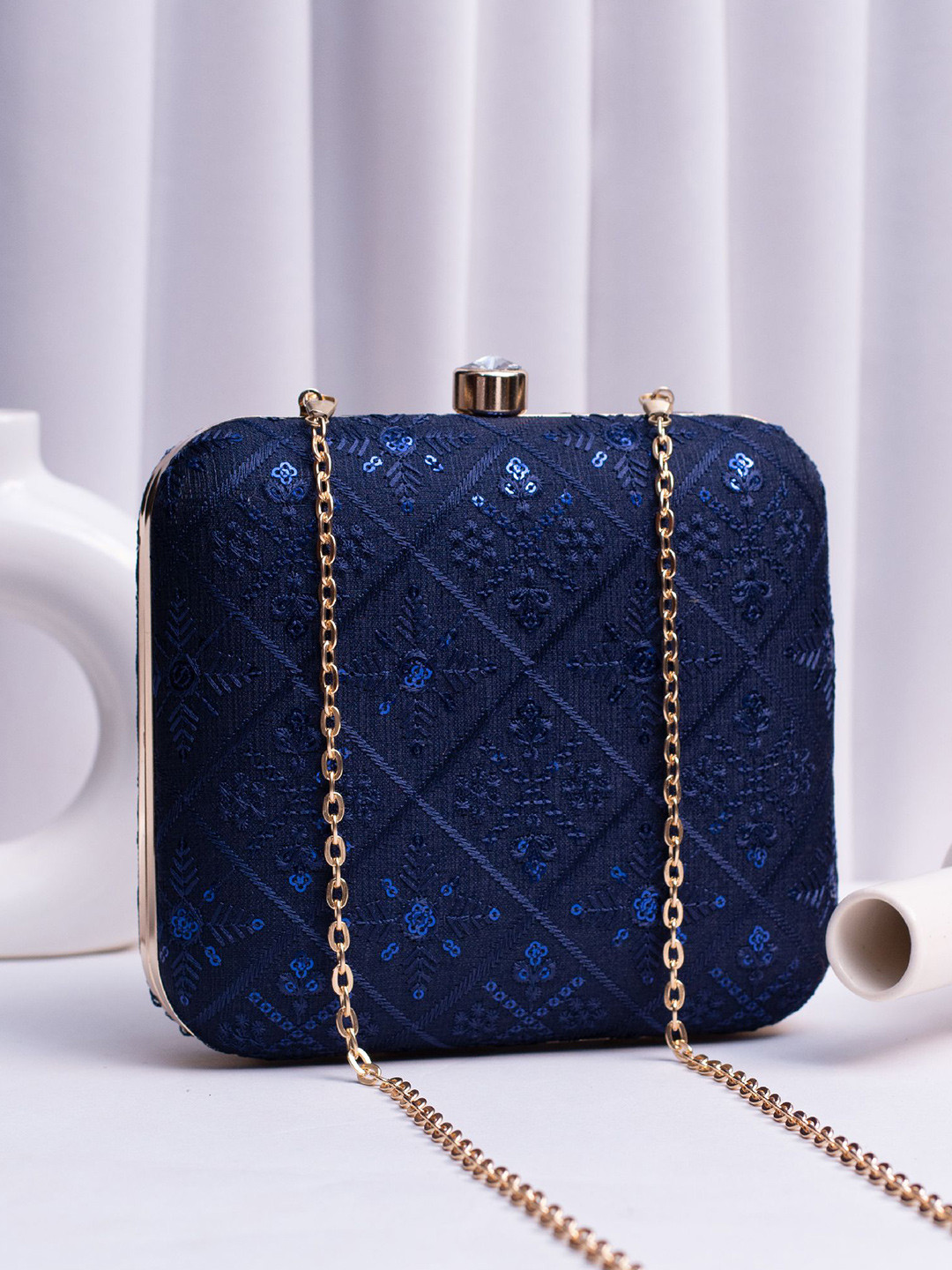 

ARTKLIM Embroidered Embellished Box Clutch, Navy blue