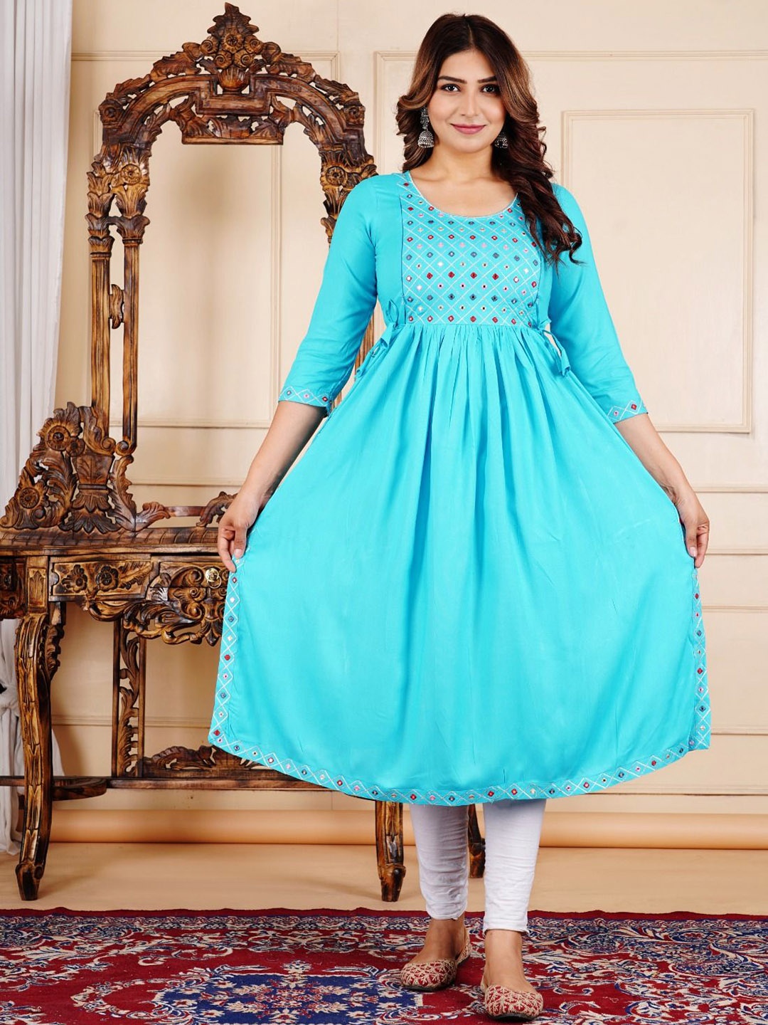 

JALTHER Ethnic Motifs Embroidered Mirror Work Maternity A-Line Kurta, Turquoise blue