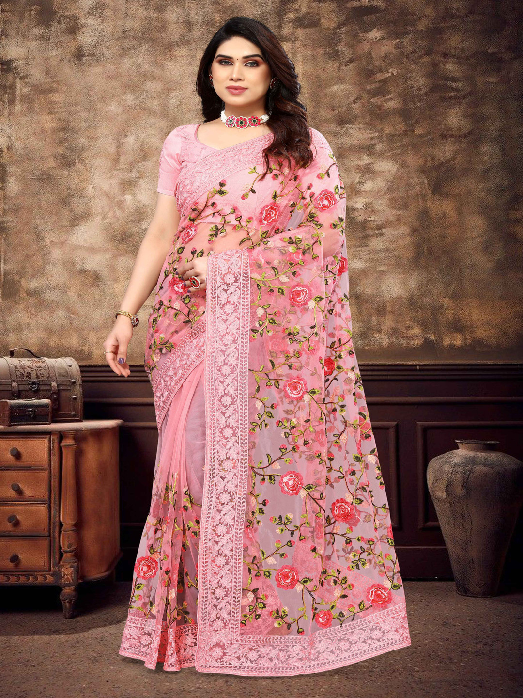 

A.V.M Prints Embroidered Art Silk Maheshwari Saree, Pink