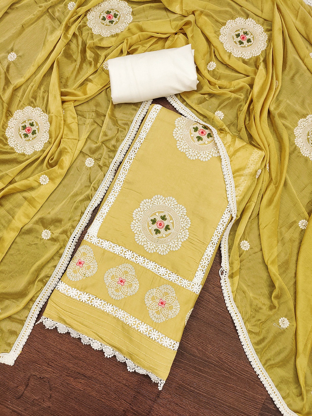

Maroosh Embellished Unstitched Dress Material, Yellow