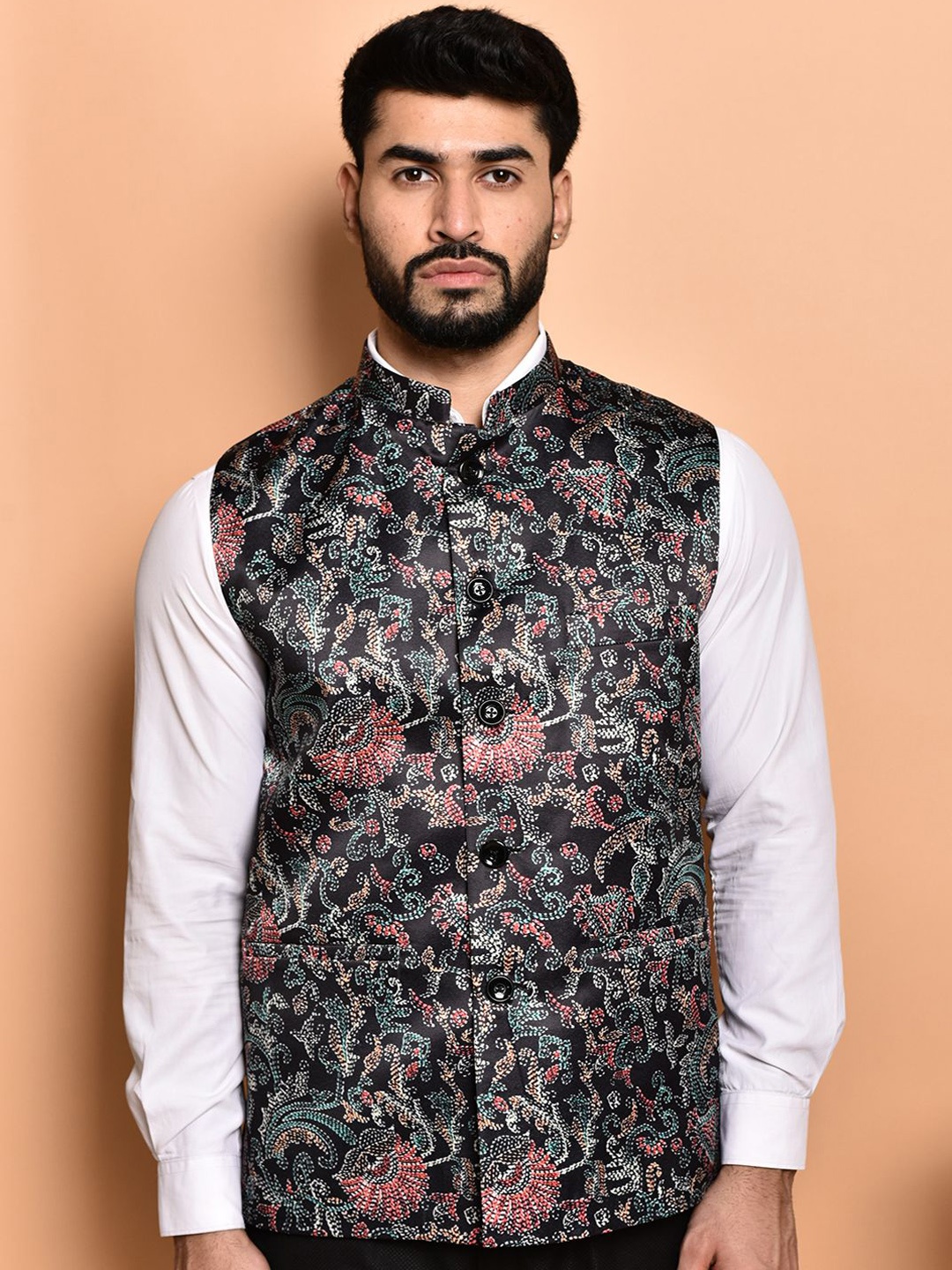 

PRINTINDIA Men Printed Woven Nehru Jacket, Black