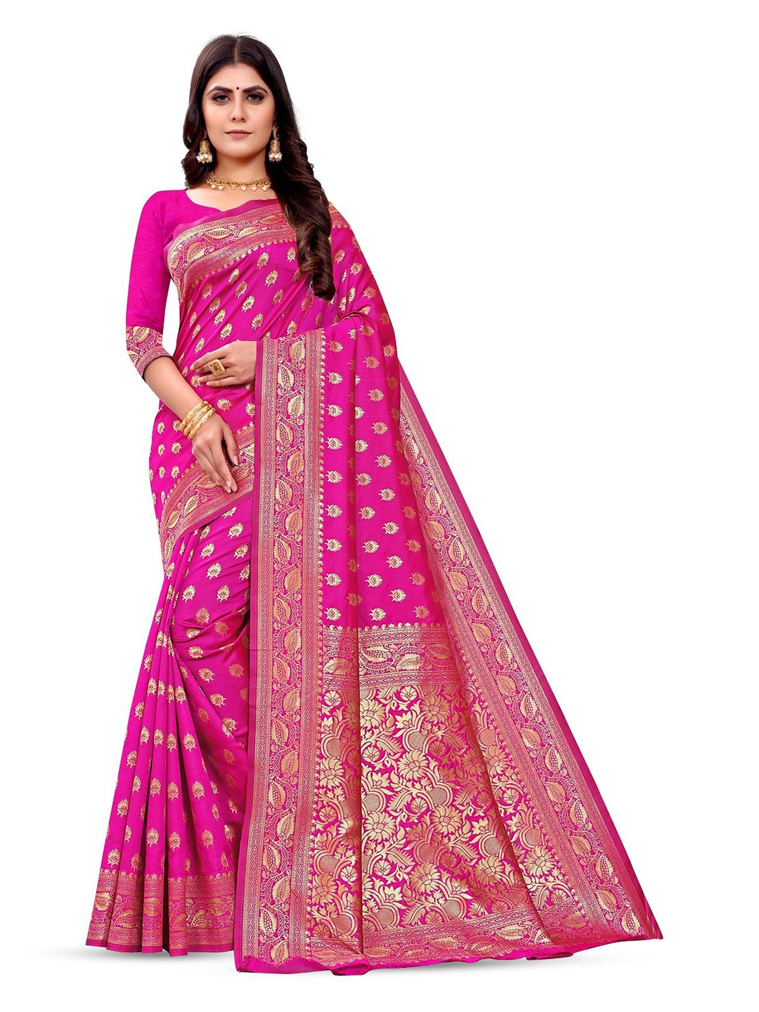 

KALINI Woven Design Zari Silk Blend Kanjeevaram Saree, Pink