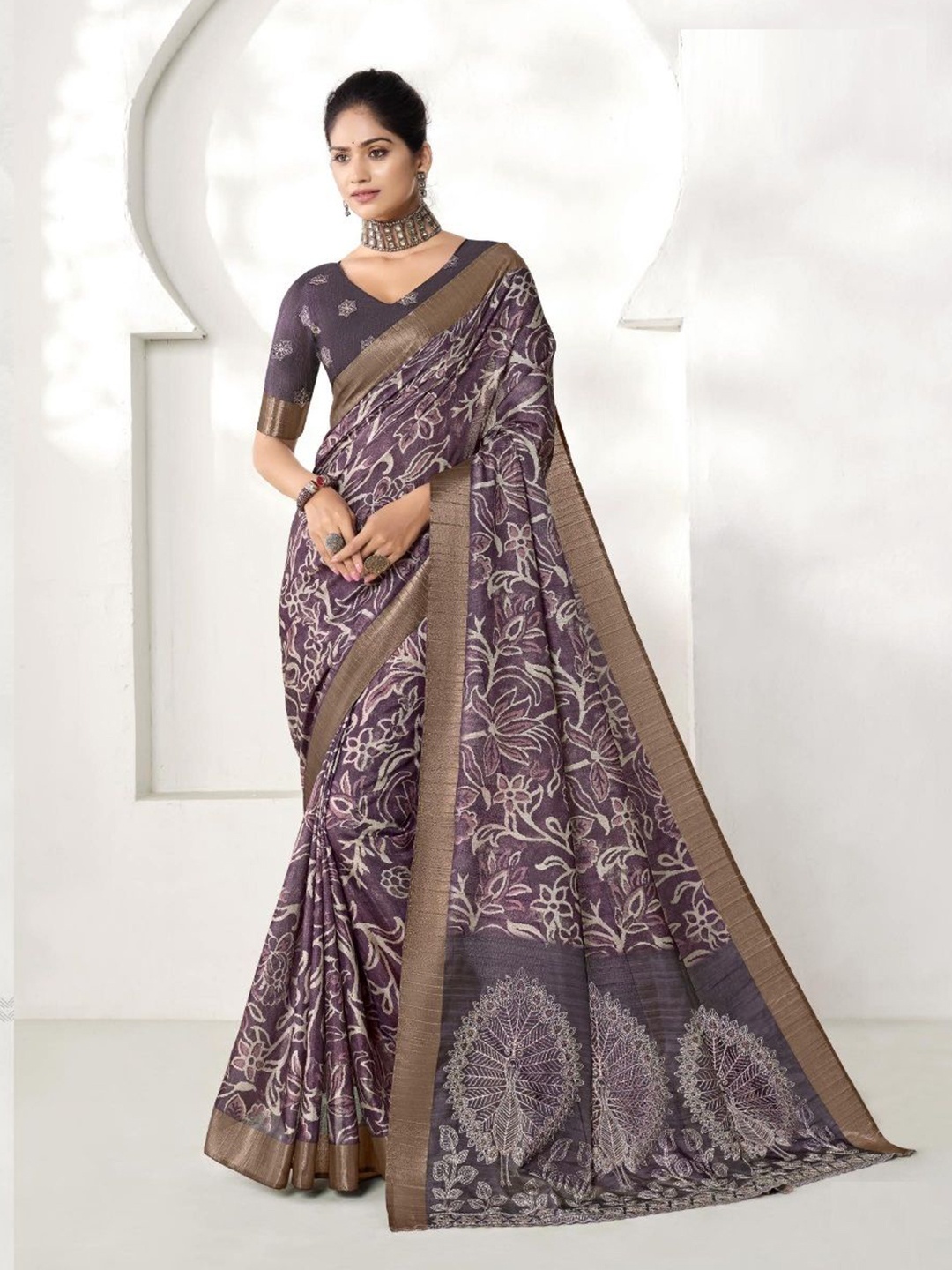 

MAHALASA Floral Art Silk Tussar Saree, Purple