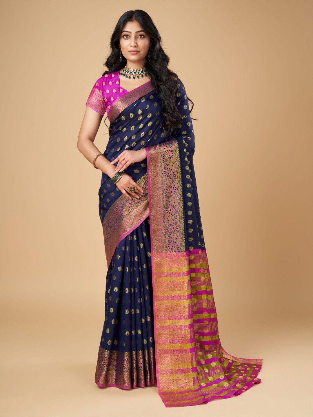 

KALINI Woven Design Silk Blend Designer Kanjeevaram Saree, Navy blue