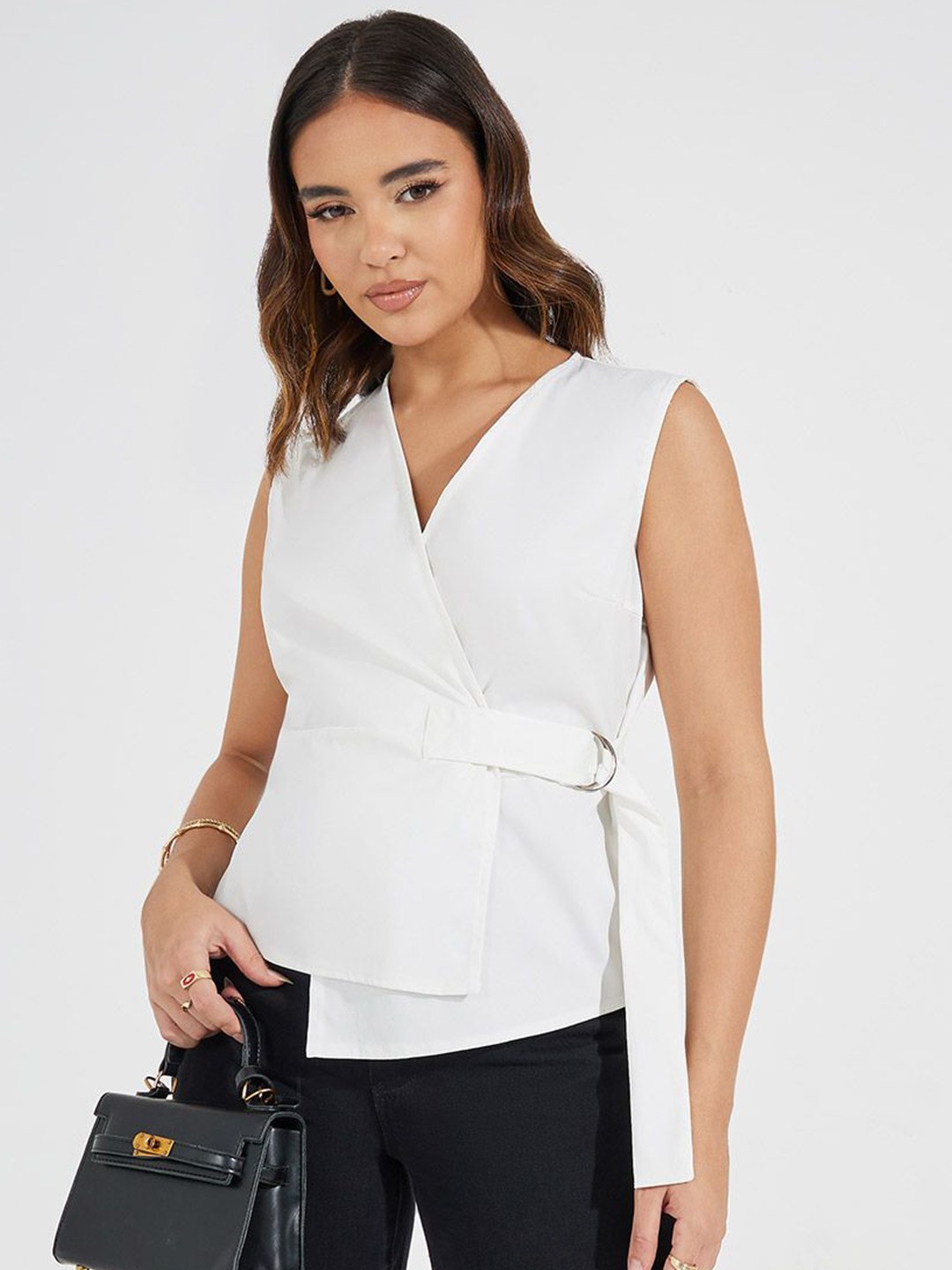 

Styli Women Solid V-Neck Sleeveless Wrap Top with Buckle Detail, Off white