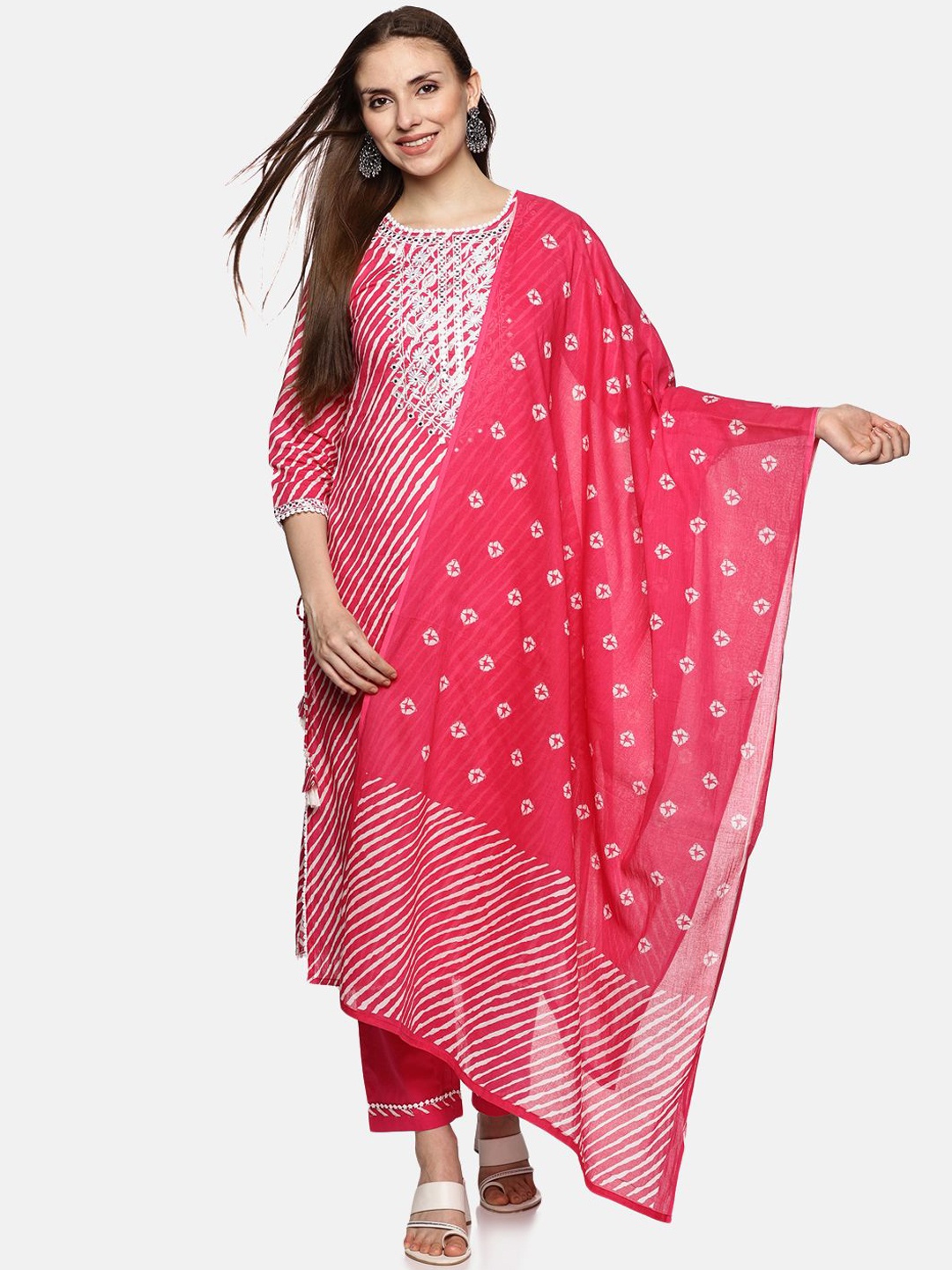 

RAJMANDIRFABRICS Leheriya Embroidered Mirror Work PureCotton Kurta with Trousers & Dupatta, Pink