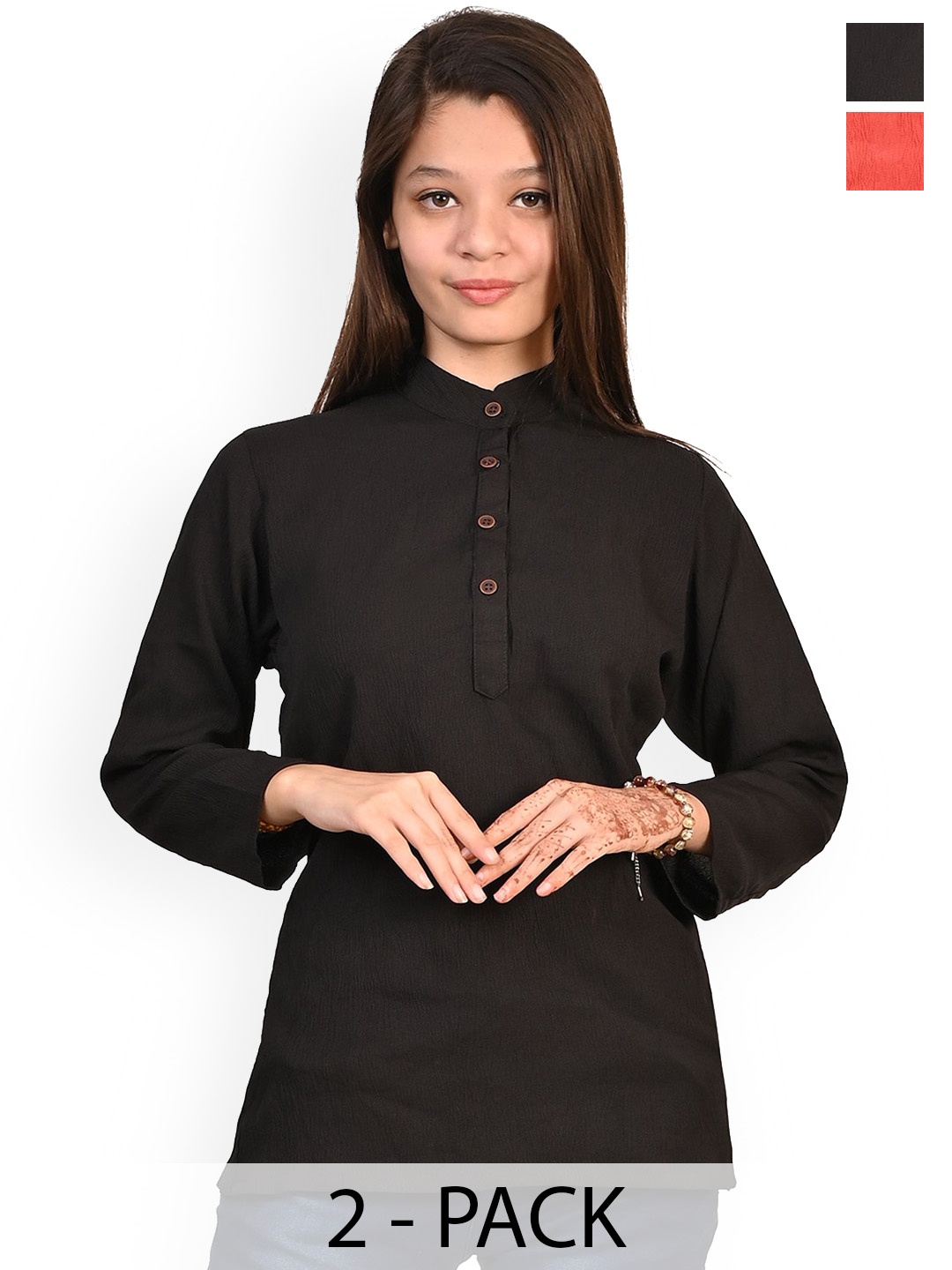 

BAESD Girls Pack Of 2 Mandarin Collar Crepe Straight Kurta, Black